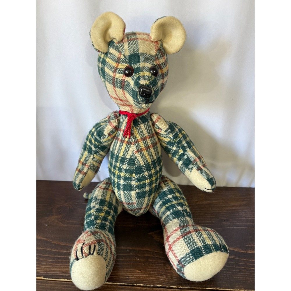 VTG Plaid Wool Teddy Bear Button Jointed Green Cream Red 18 Inch Hommade